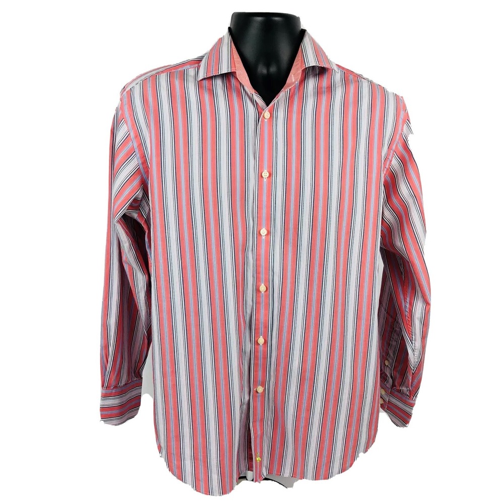 Tailorbyrd Shirt Mens Small Button Front Salmon Pink Blue 100% Cotton